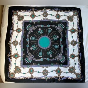 Vintage 100% Silk Scarf square Blk Gold Teal jewels 34” pearls bows